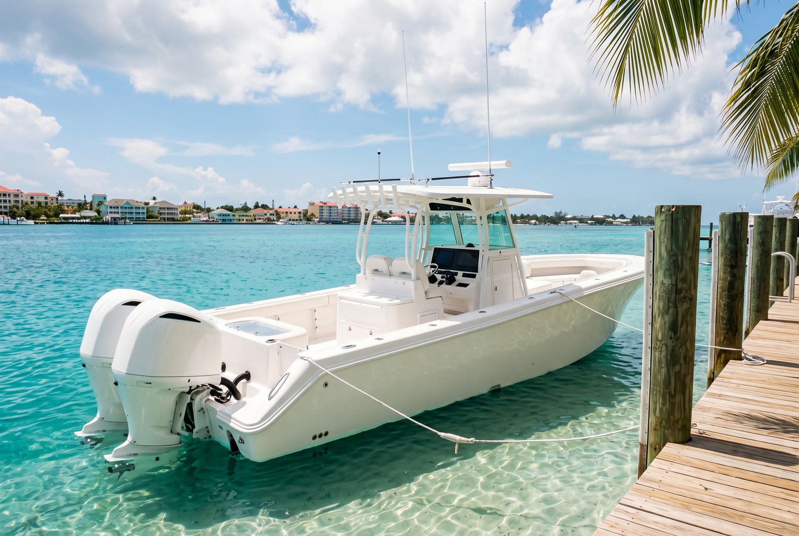 The all-white Caribbean Gems boat tied up at a sunny wooden dock in Nassau