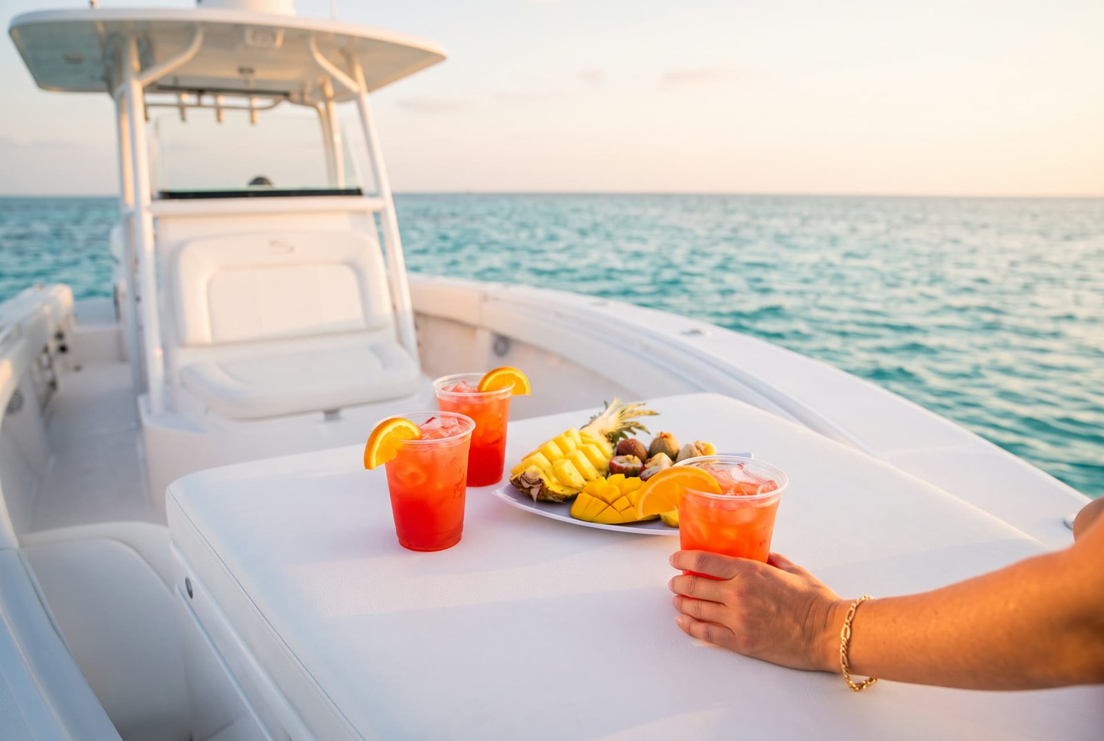 Cups of Caribbean punch and a fruit platter on deck at golden hour
